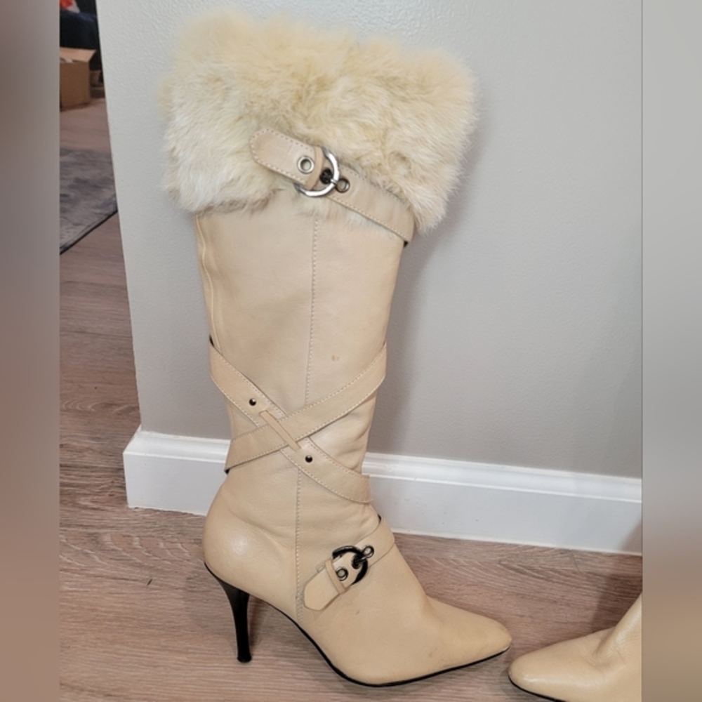 Mob wife style NWAnesia Nine West Fur Topped Leather Knee High Boots 6.5 M